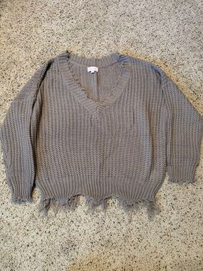 Women’s pink lily Distressed V-Neck Knit Sweater in Taupe color- small